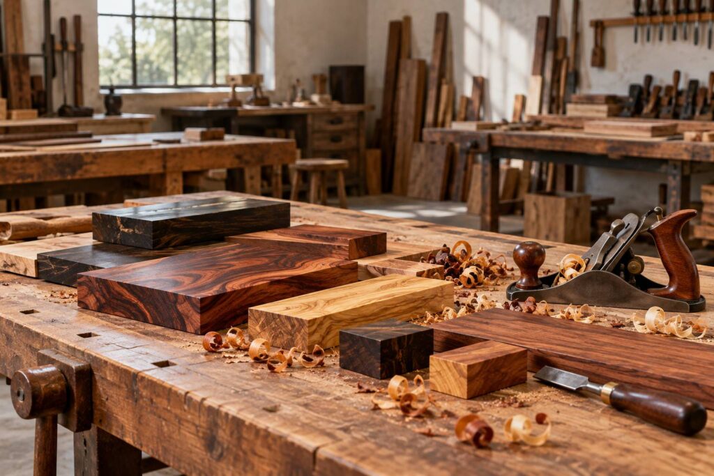 Echantillons de bois precieux avec rabot et ciseau dans un atelier