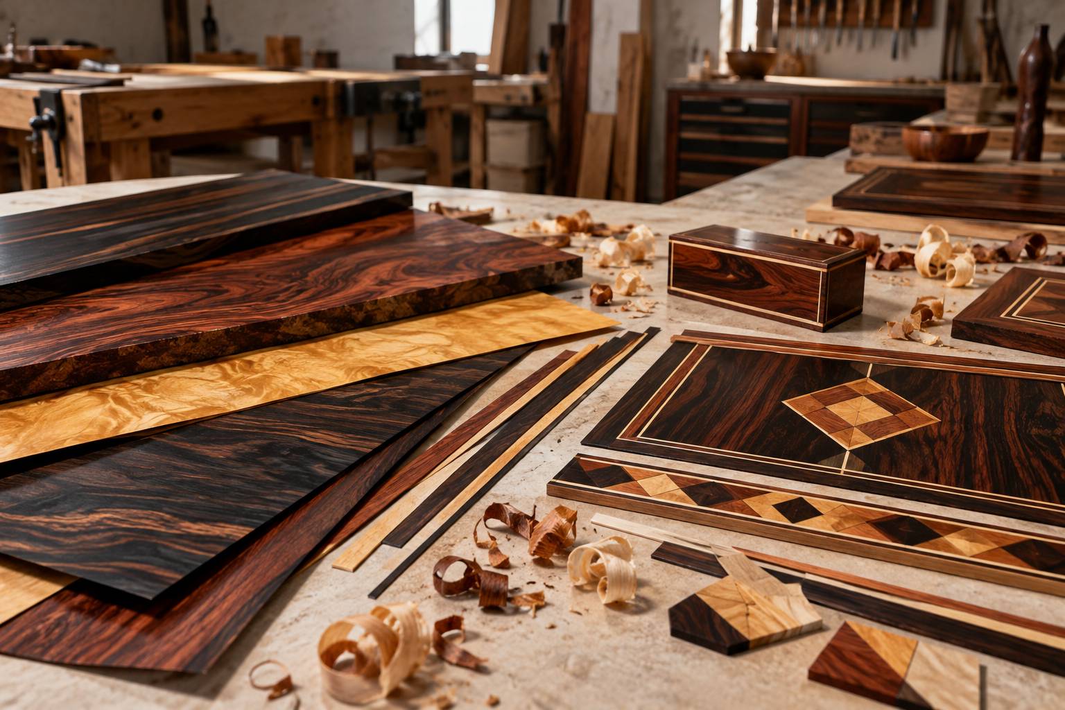 Placages de bois aux veinures contrastees sur fond neutre