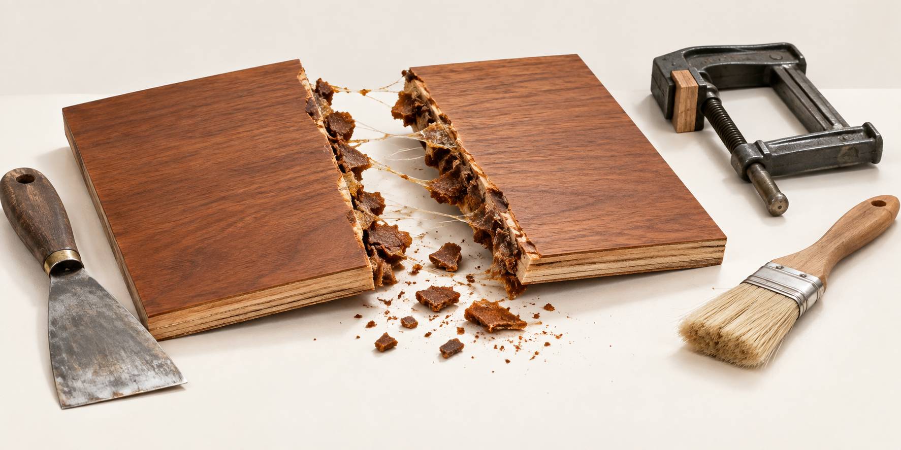 Résidus de colle sur placage de bois avec spatule et serre-joint