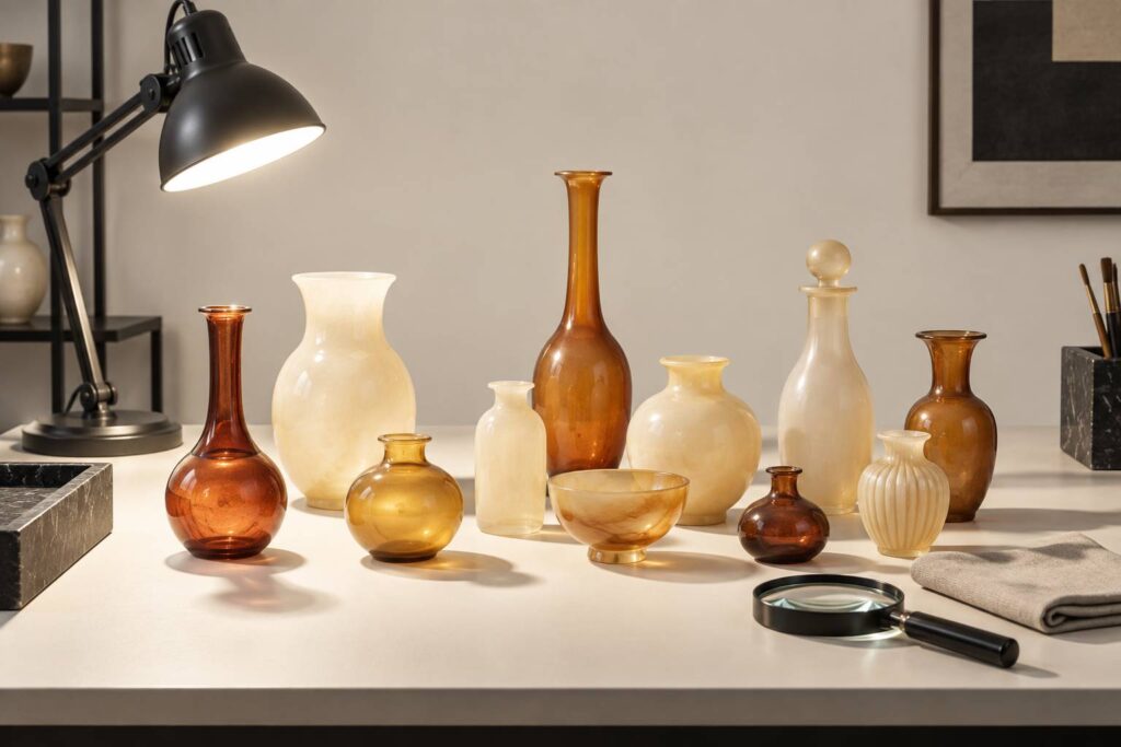 Vases en verre opalin alignés sur un établi d'expertise