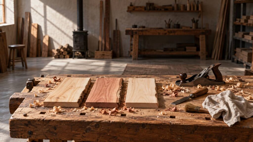 Trois echantillons de bois fruitiers et outils d'atelier sur un etabli