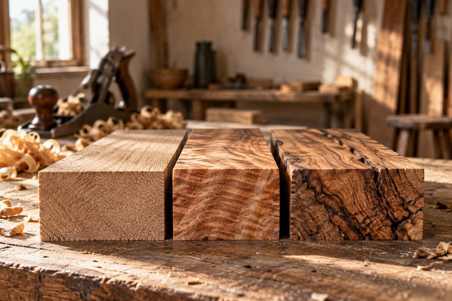 Sections de bois aux grains differents alignees sur un etabli