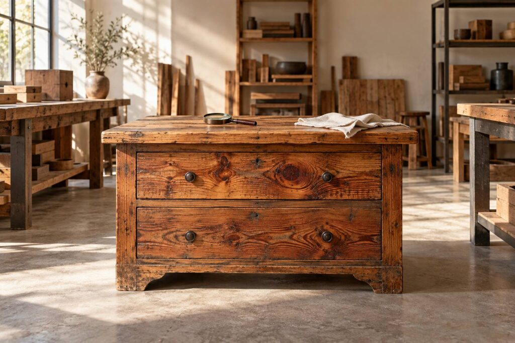 Meuble ancien en bois resineux aux veines marquees dans un atelier sobre