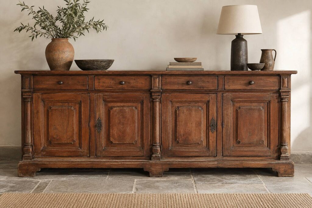 Buffet rustique en bois massif avec moulures et traverses sculptees sur fond neutre