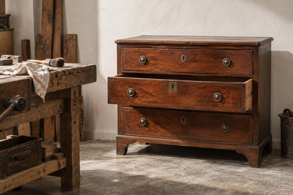 Commode ancienne en bois avec tiroir ouvert dans un atelier