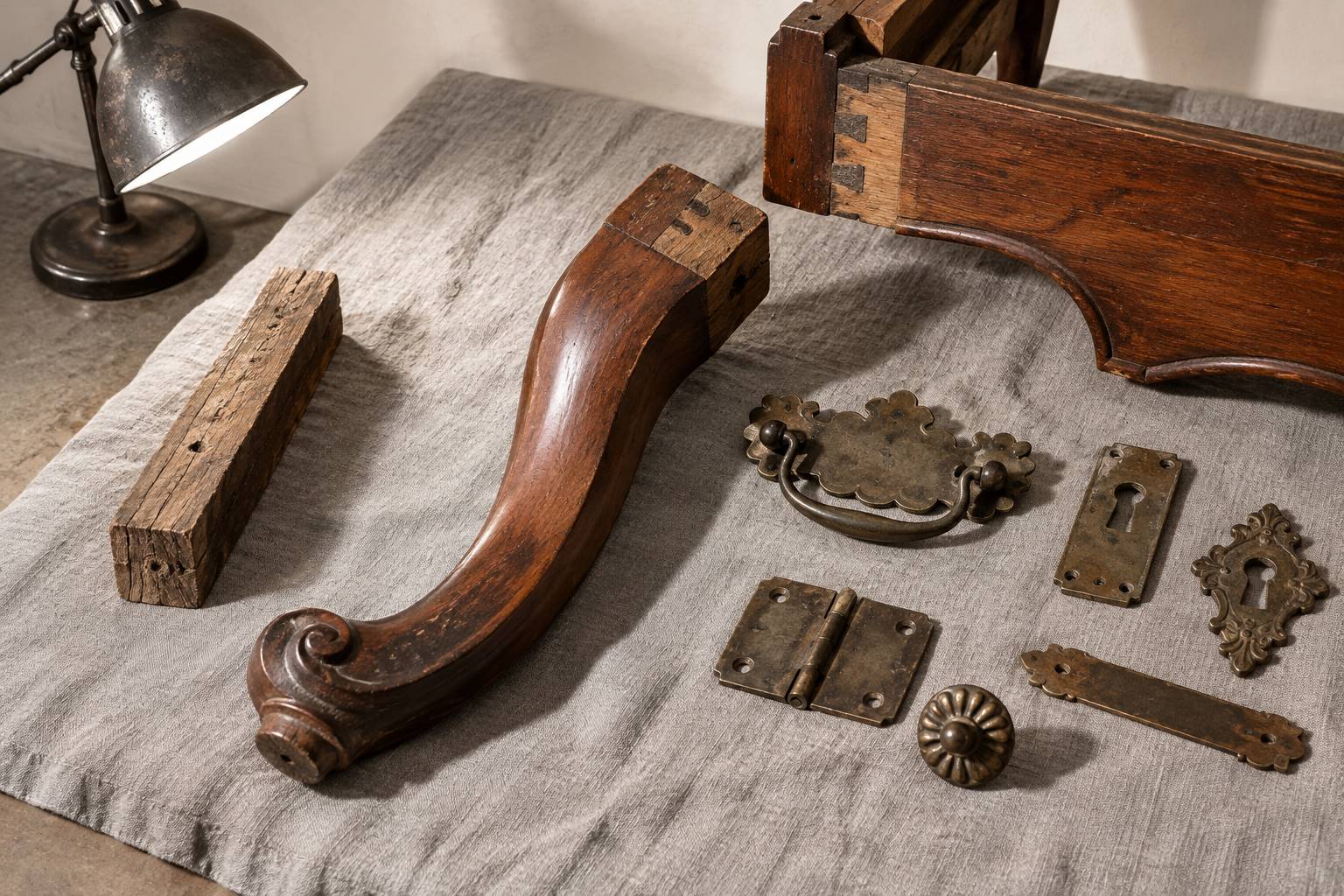 Detail d'assemblage avec pied galbe et ferrures anciennes sur du lin