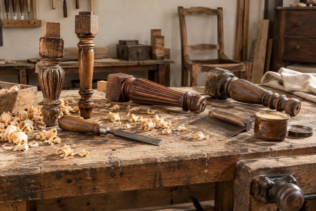 Pieds de meuble anciens en bois et outils sur un établi