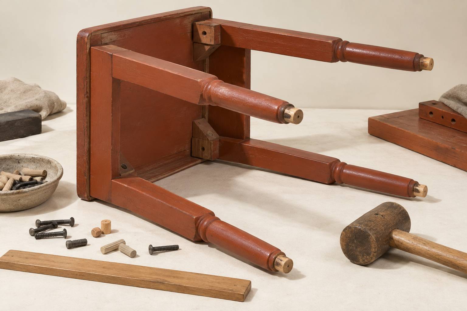 Assemblage d'un pied et du bâti d'un meuble en bois