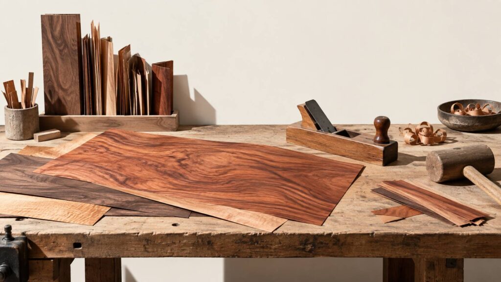 Feuilles de placage de bois veinées sur établi avec rabot de menuisier