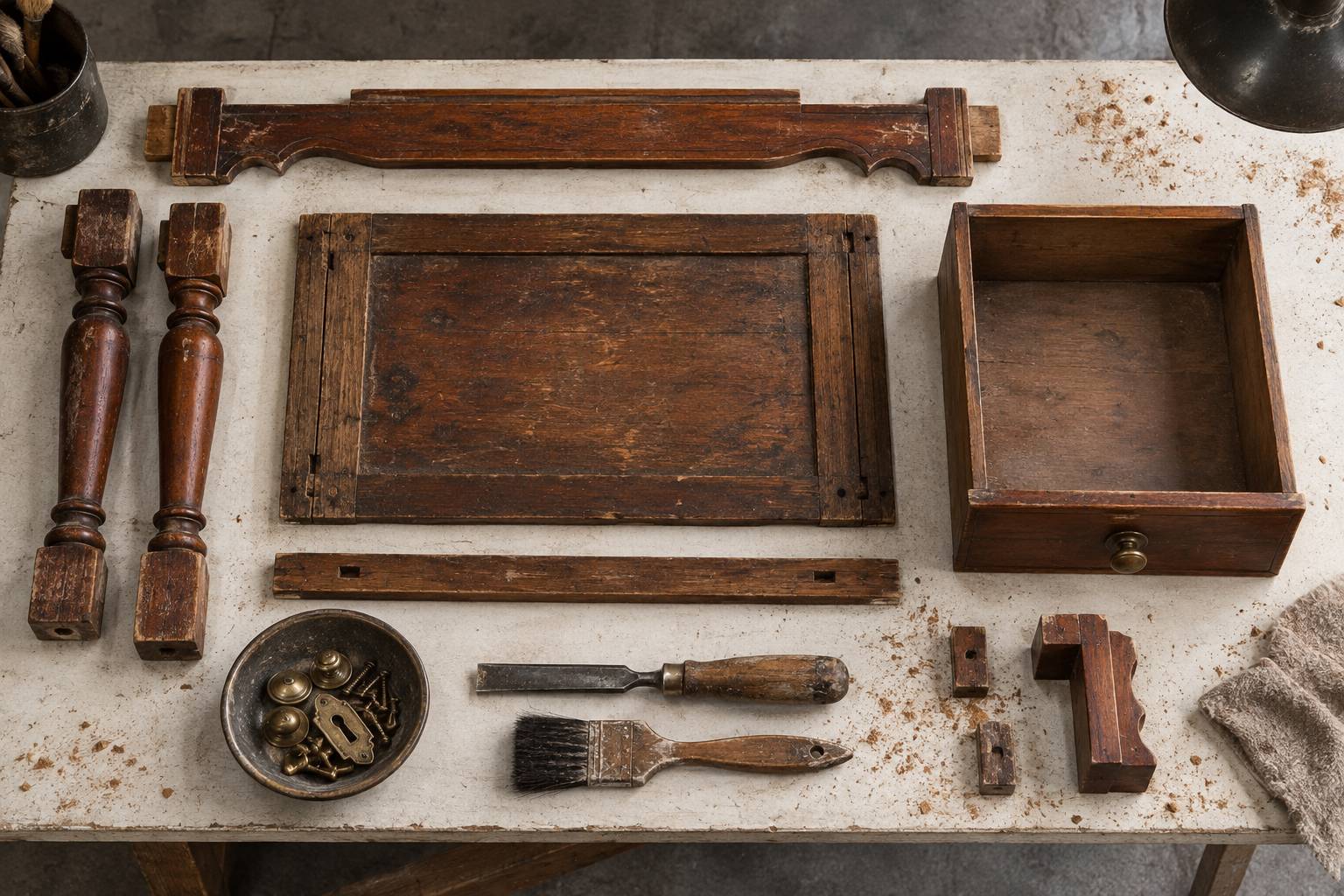 Elements de mobilier demonte, quincaillerie et outils sur un etabli