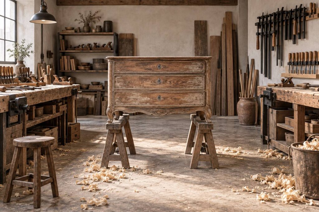 Meuble ancien en bois sur treteaux dans un atelier d'ebenisterie
