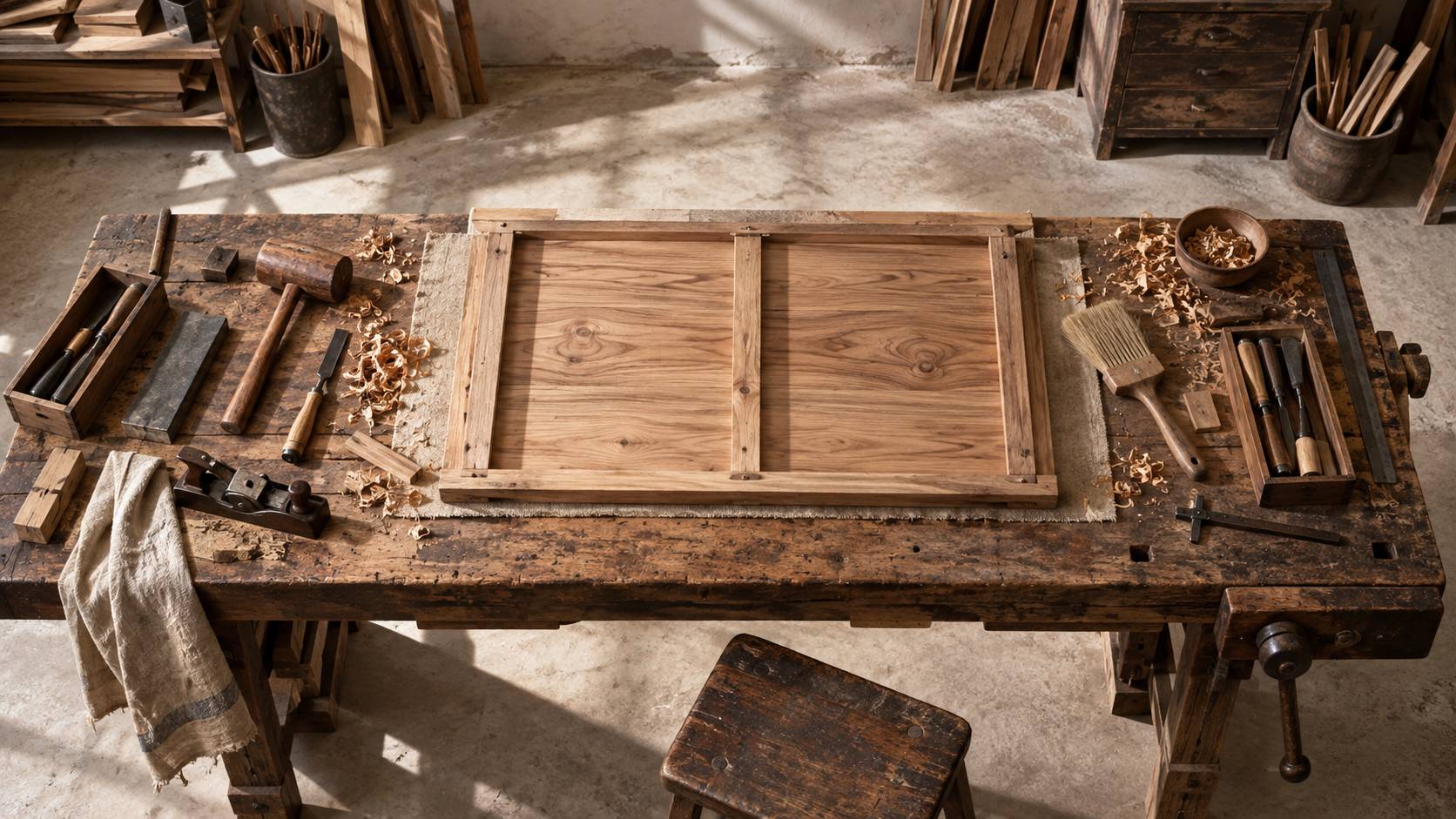 Panneau de bois brut retourne sur un etabli avec outils a main