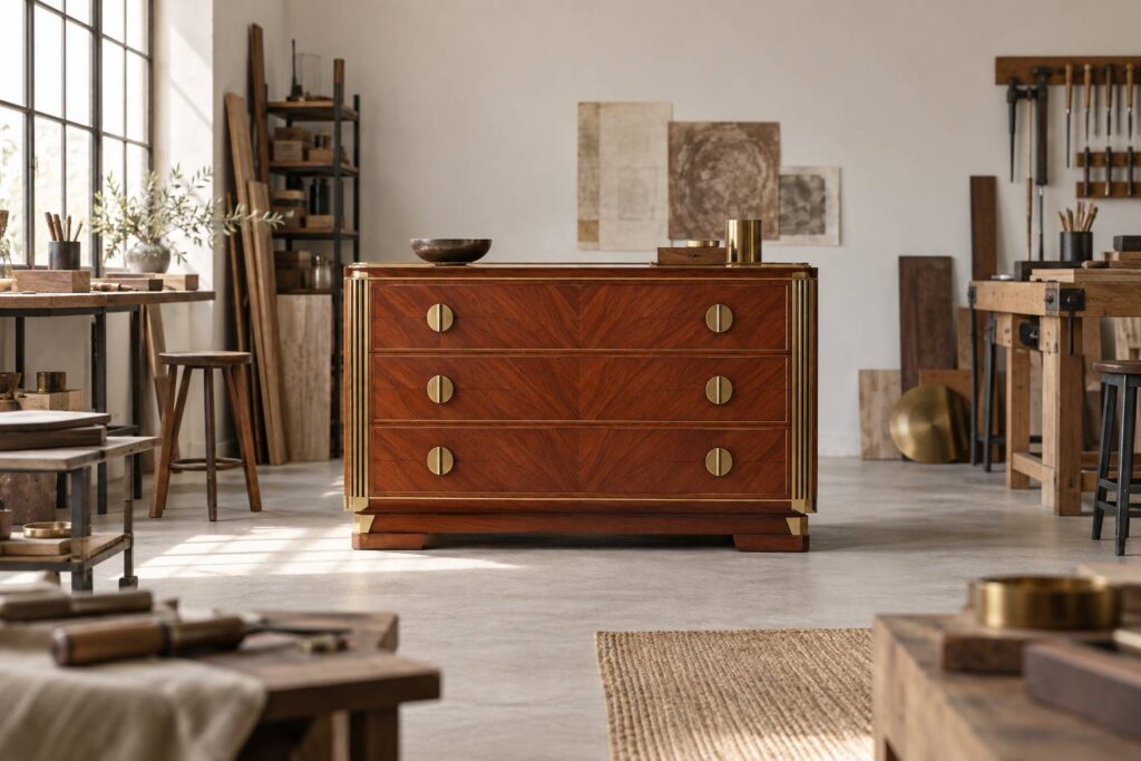 Commode de style Art deco aux volumes geometriques et ferrures dorees