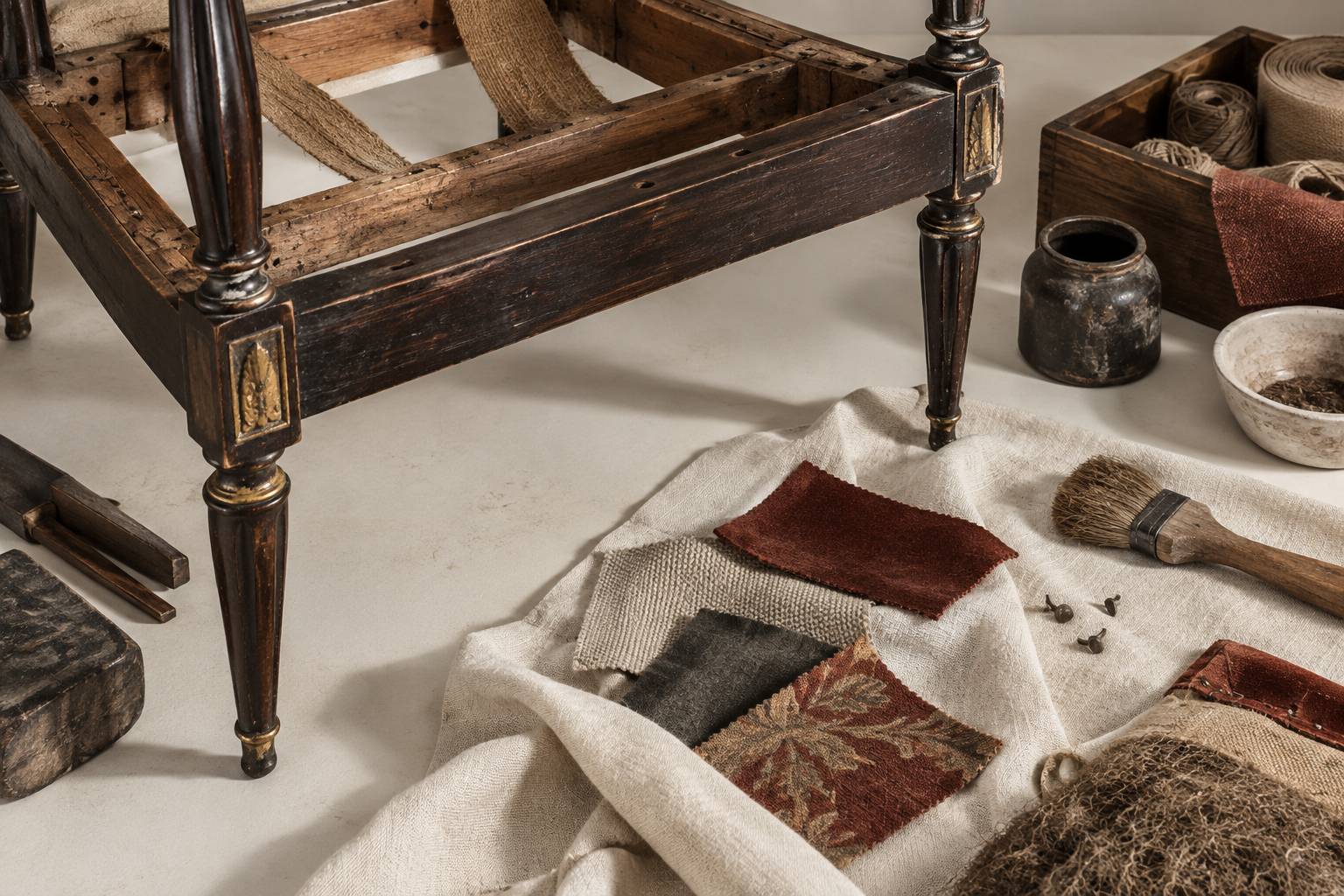 Pieds fuselés et dorure discrète d'un mobilier ancien en bois foncé