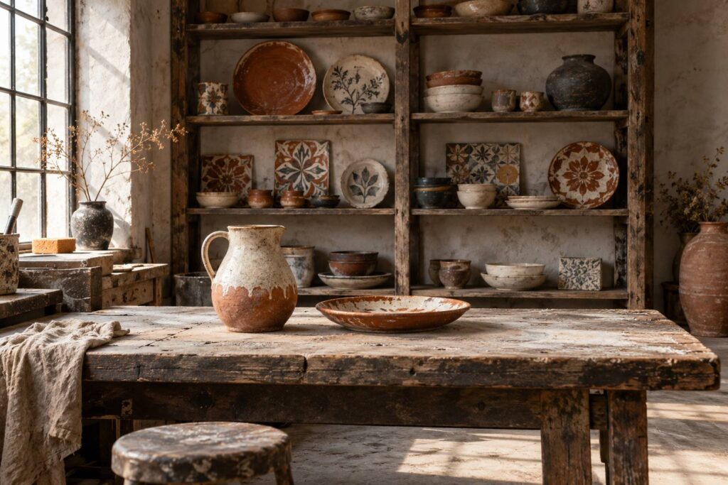 Étagère de faïences à reliefs colorés dans un atelier de céramiste ancien