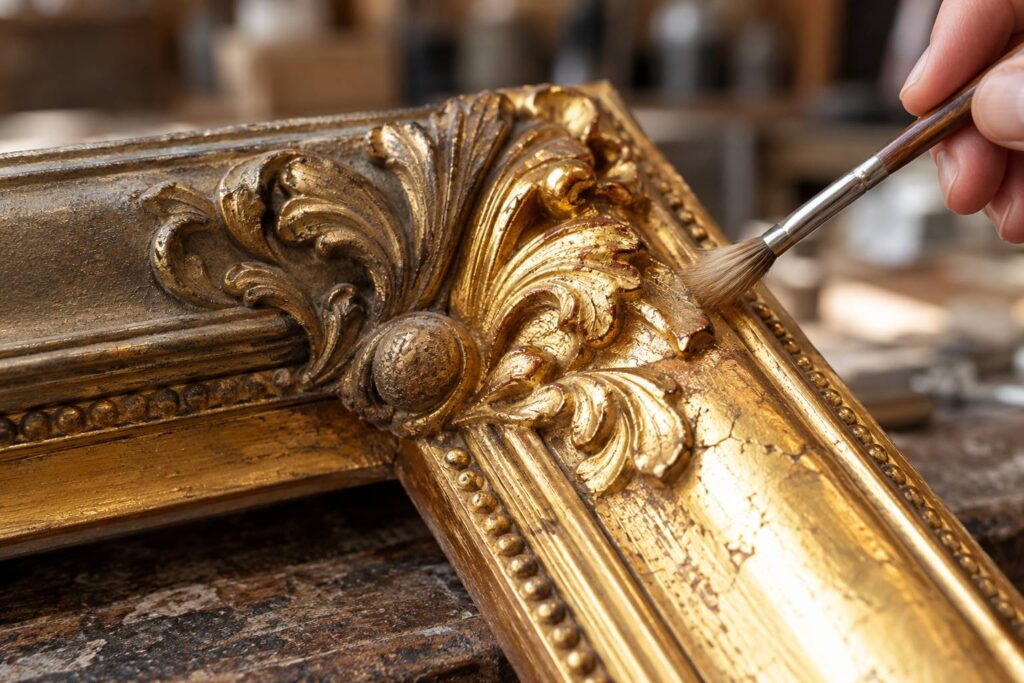 Illustration de détail sur le sujet : Cadre doré ancien : distinguer la feuille d’or de la bronzine