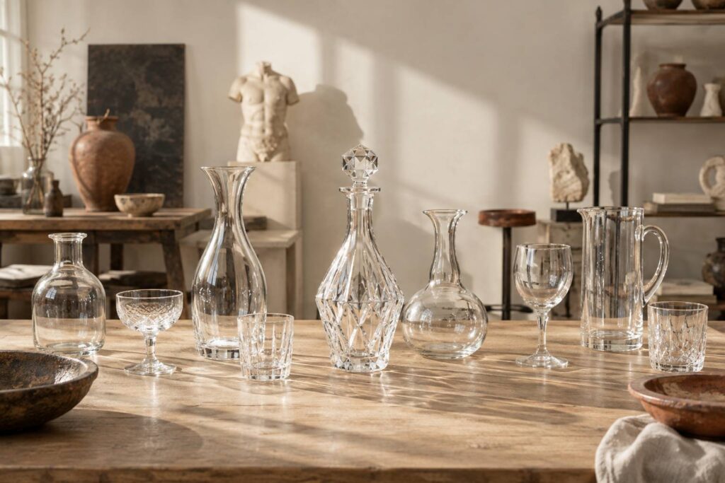 Verres et carafe transparents posés sur une table en bois clair