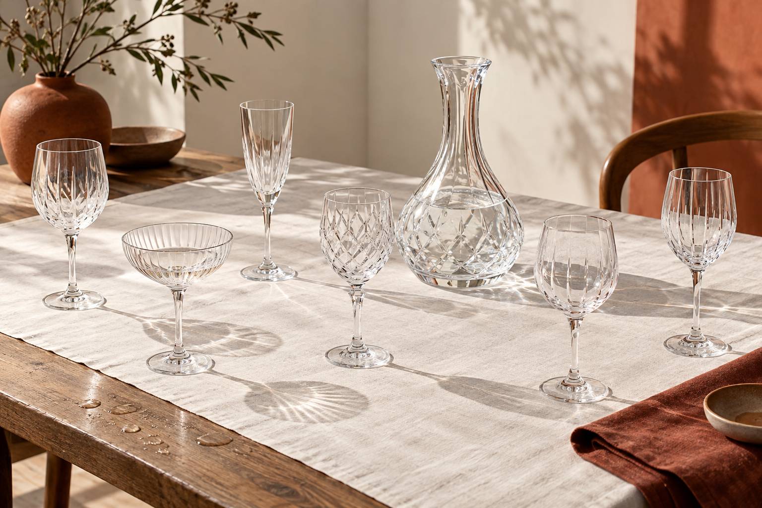 Verres à pied et carafe en cristal alignés sous une lumière ponctuelle