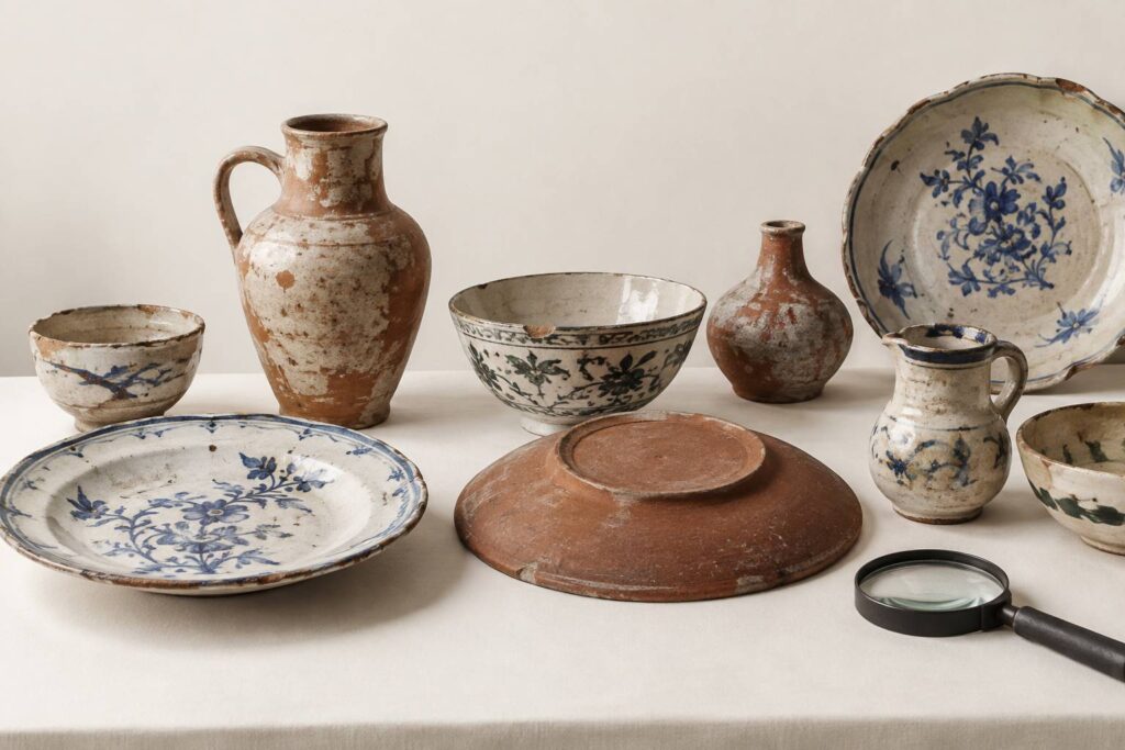 Pieces de faience ancienne posees sur une table d'atelier claire