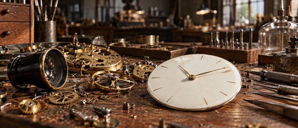 Cadran emaille et rouages de laiton d une horloge ancienne en cours d examen