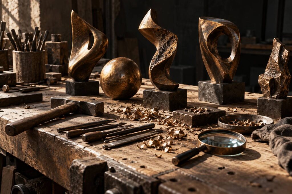 Objets en bronze à patine brune sur un établi avec loupe et outils de sculpteur