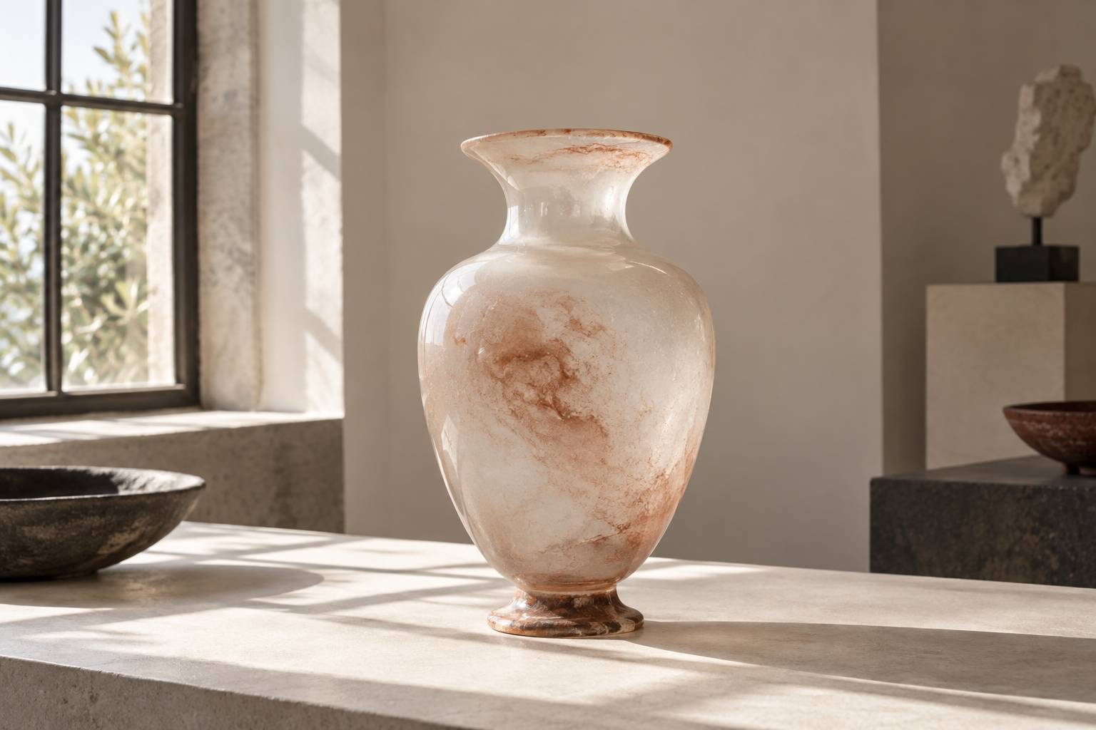 Vase en opaline eclaire par une fenetre, transparence et reflets visibles