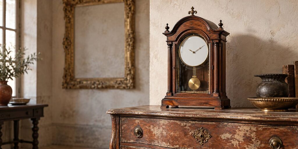 Pendule ancienne en bois sur une commode, cadran emaille et balancier de laiton