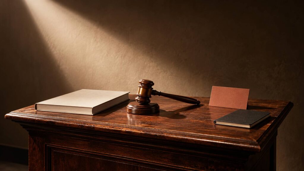 Podium en bois sombre avec marteau de commissaire-priseur, catalogue fermé et carte retournée