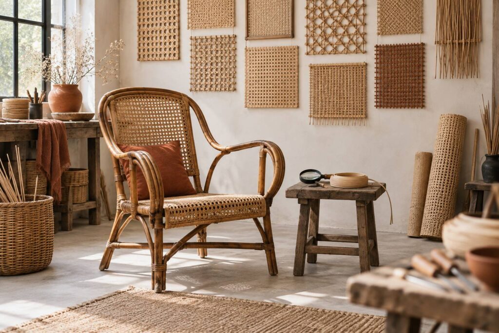 Fauteuil ancien en rotin et bambou dans un atelier clair