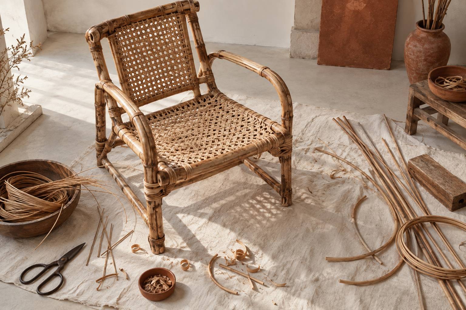 Detail du tressage en rotin et des jonctions en bambou d'une assise ancienne