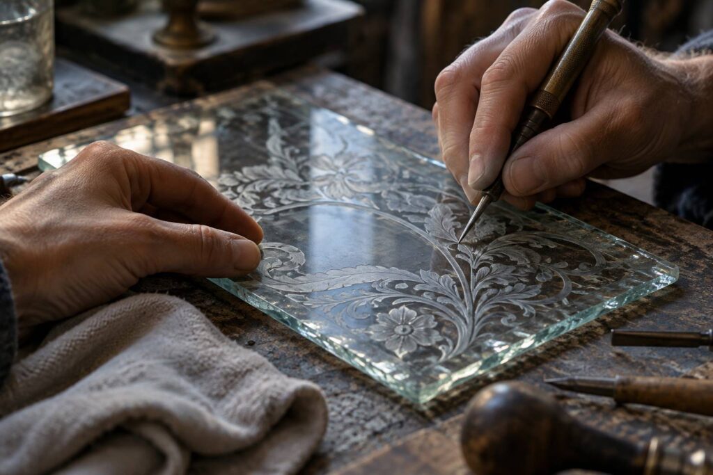 Illustration de détail sur le sujet : Verre gravé et verre dépoli anciens : lire une technique