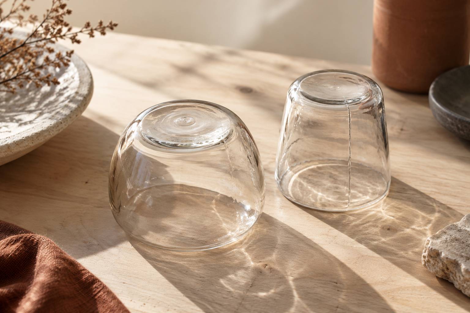 Fond d'un objet en verre montrant une trace de pontil en lumiere rasante