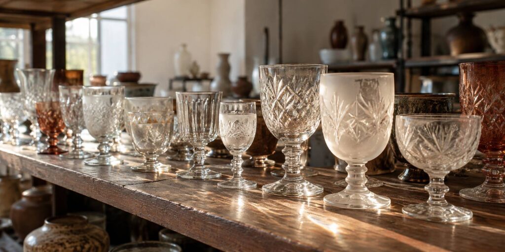 Verres anciens gravés et dépoli traversés par une lumière douce